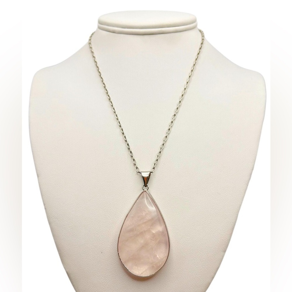 Vintage Large Rose Quartz Teardrop Pendant Necklace 18k White Gold Plated